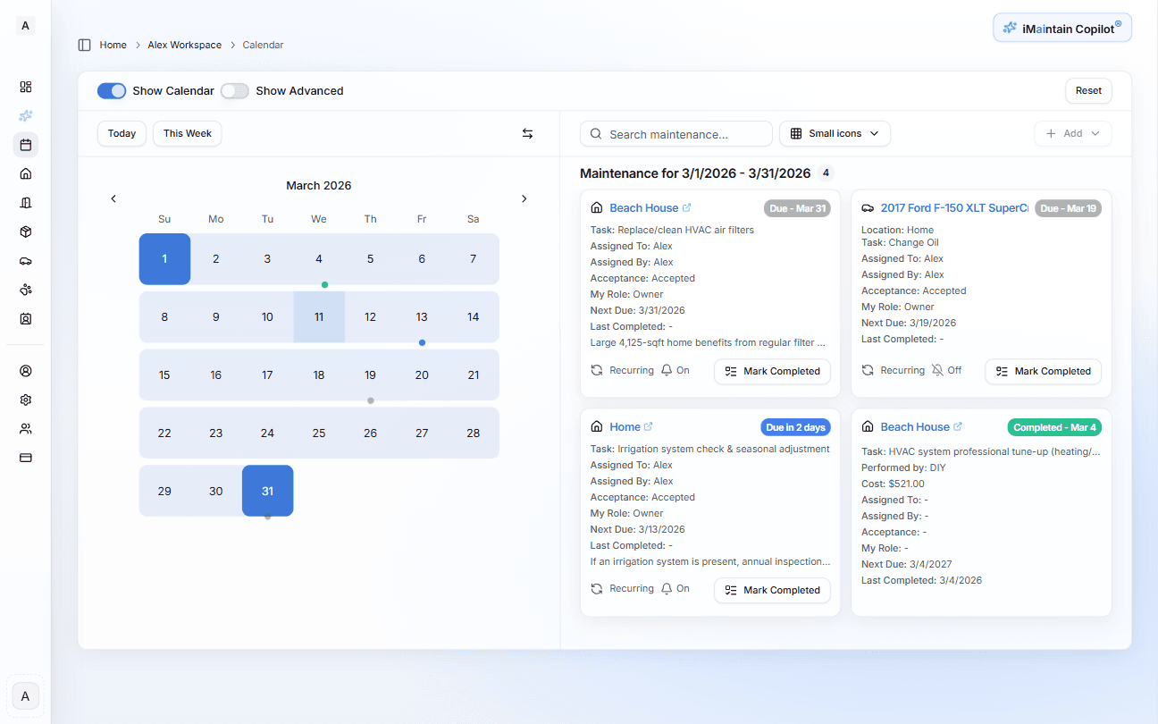 Unified maintenance calendar
