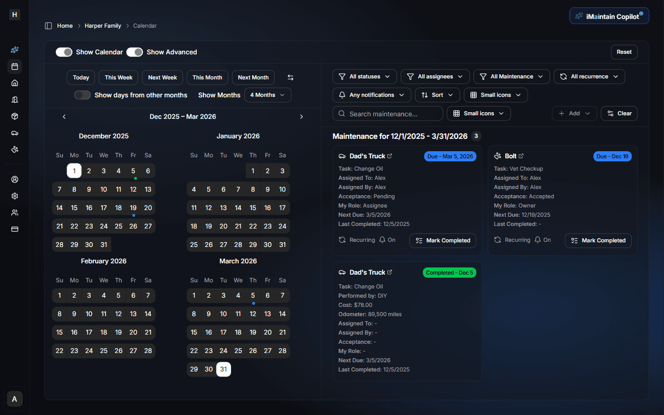 Unified maintenance calendar in iMaintain (dark mode)