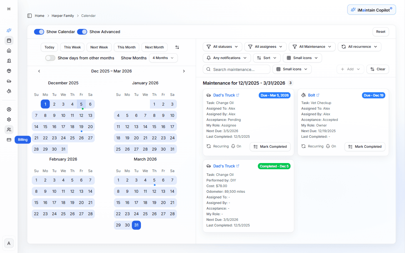Unified maintenance calendar in iMaintain