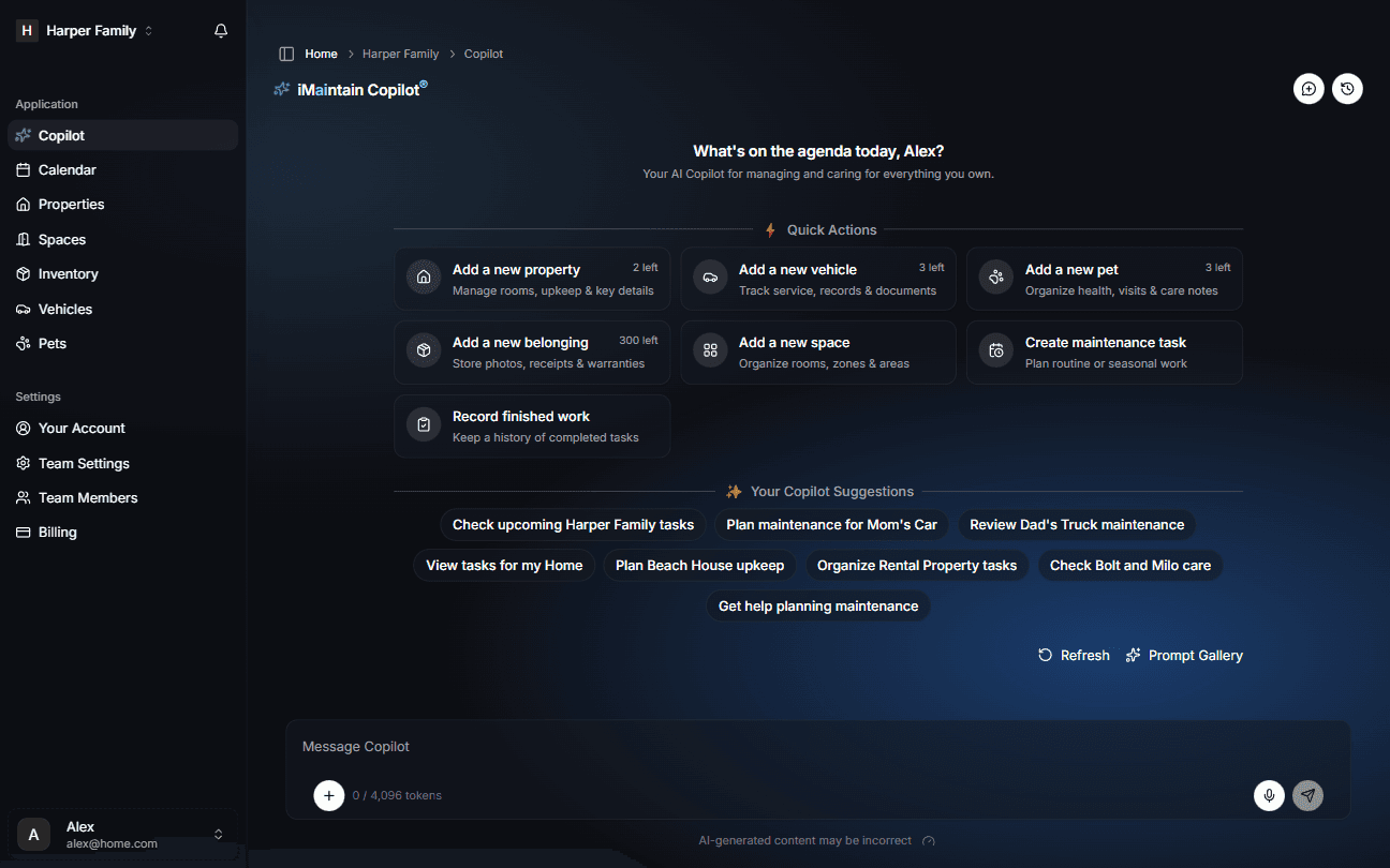 Copilot working alongside a property record in iMaintain (dark mode)
