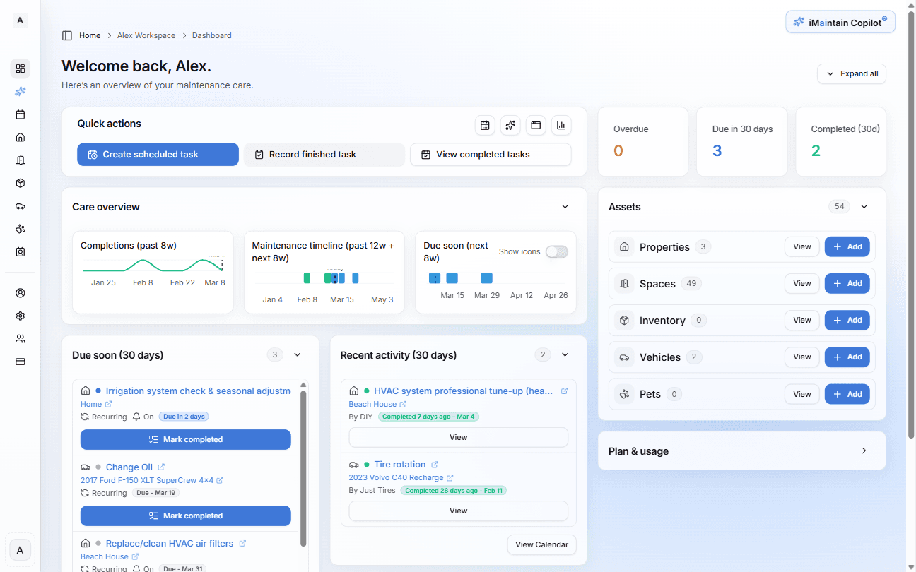 iMaintain dashboard showing all assets