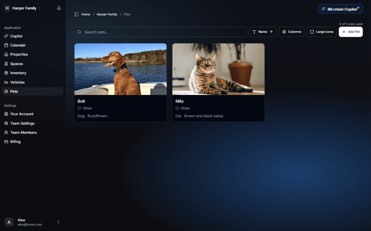 Pets workspace in iMaintain (dark mode)