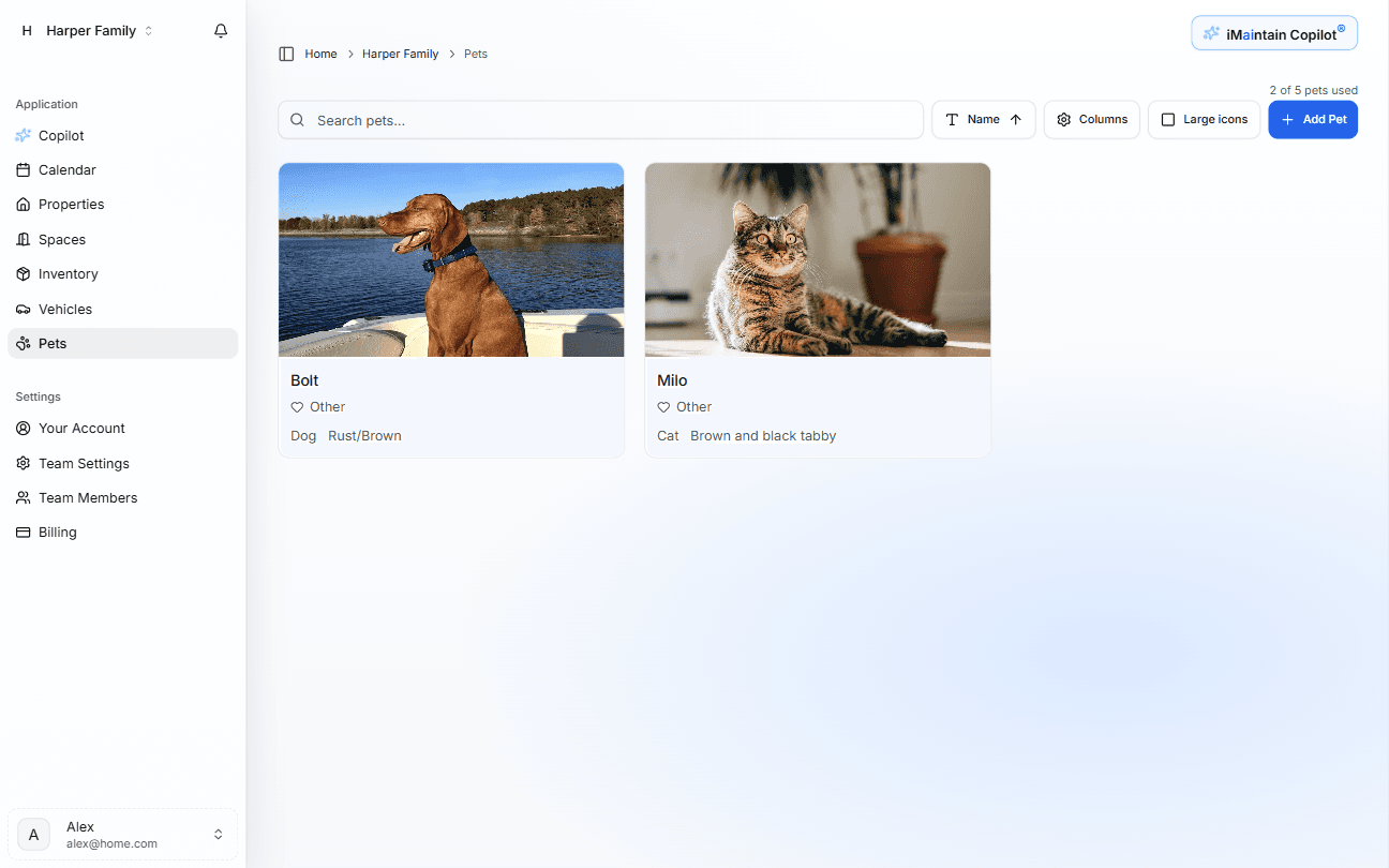 Pets workspace in iMaintain
