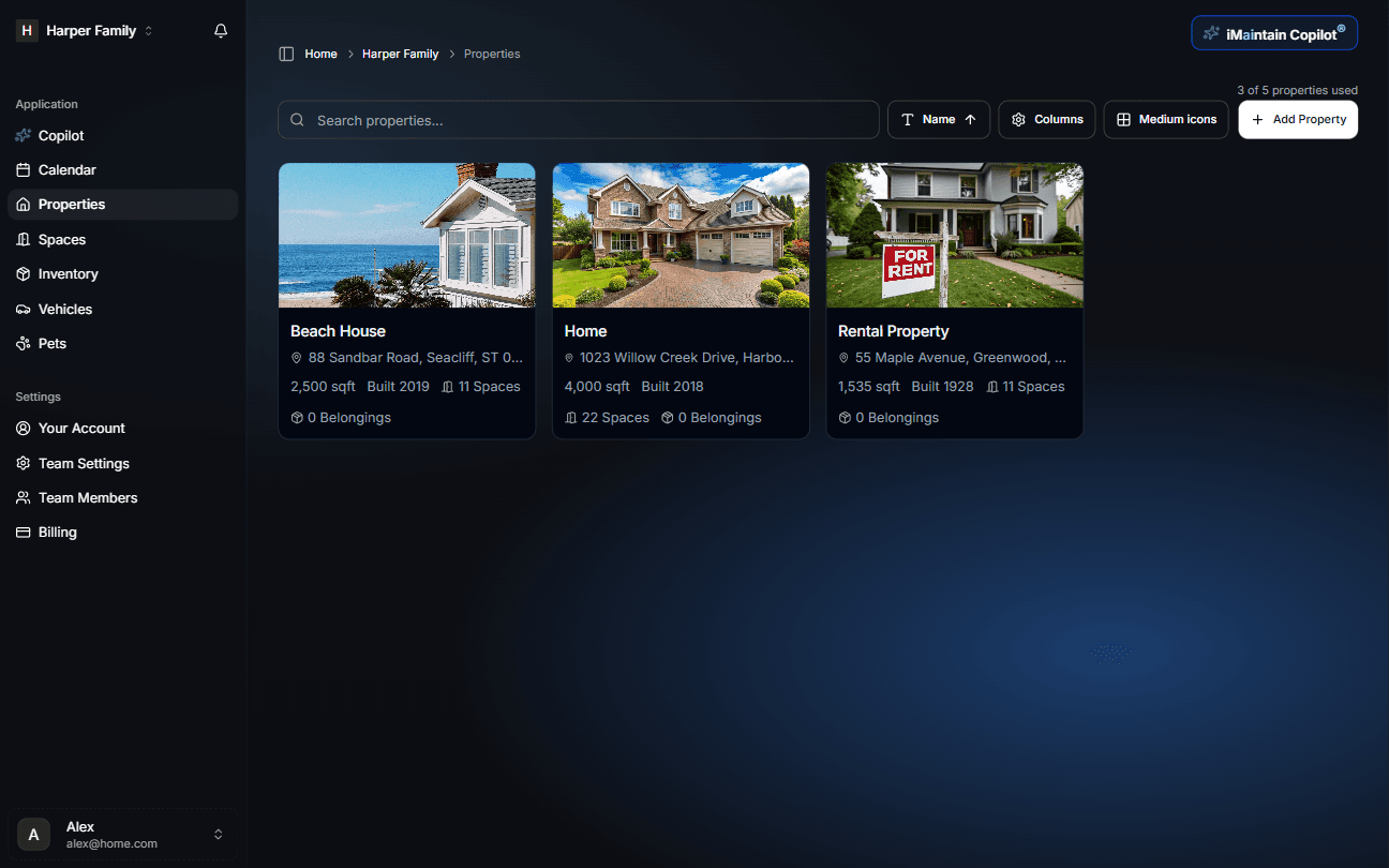 Properties workspace in iMaintain (dark mode)