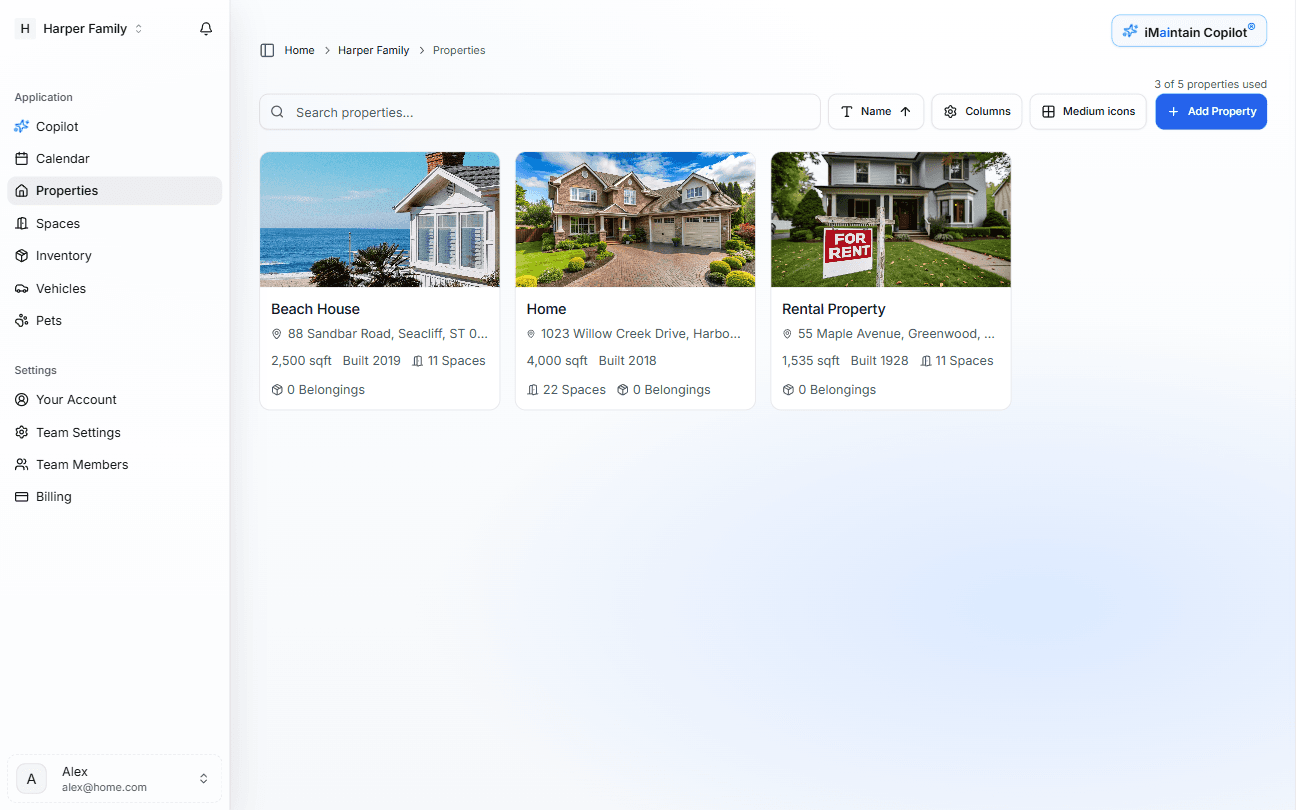 Properties workspace in iMaintain