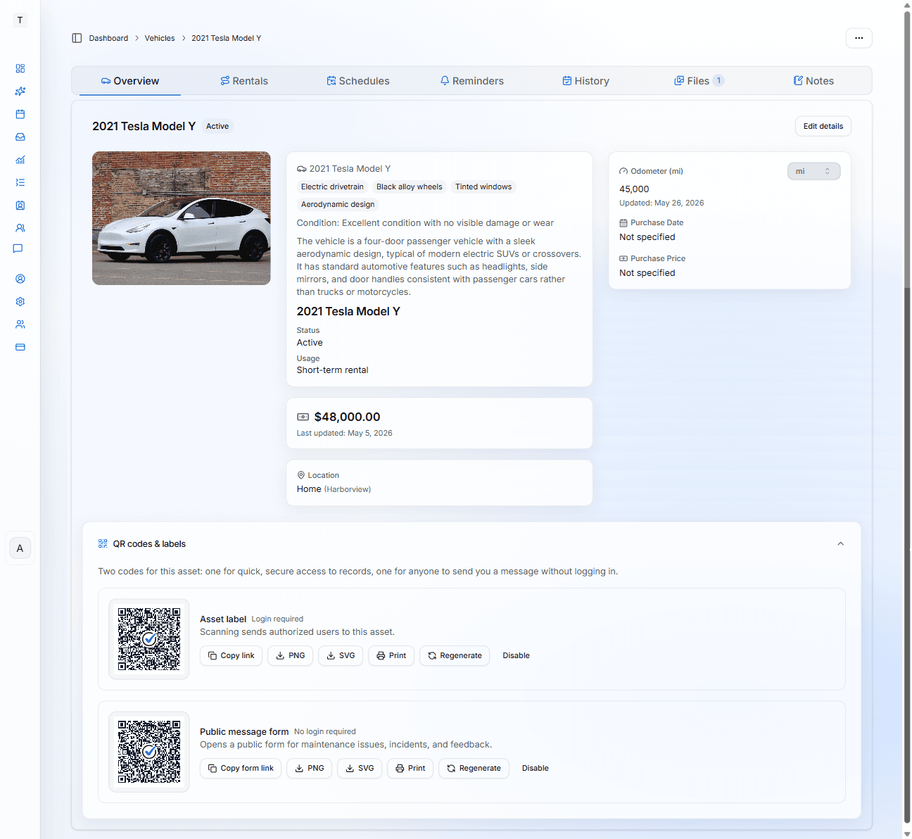 Asset detail page showing QR codes and labels