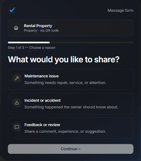 Public message form for a property with the asset badge visible (dark mode)