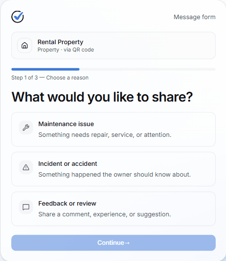 Public message form for a property with the asset badge visible
