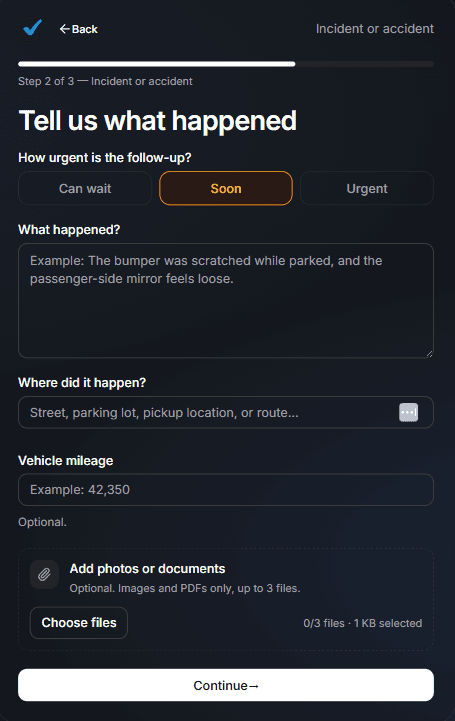 Public message form for a vehicle incident with the asset badge visible (dark mode)